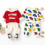 Boy's Cotton Text & Dino Printed Hooded Sweatshirt With Joggers Set - Red & White