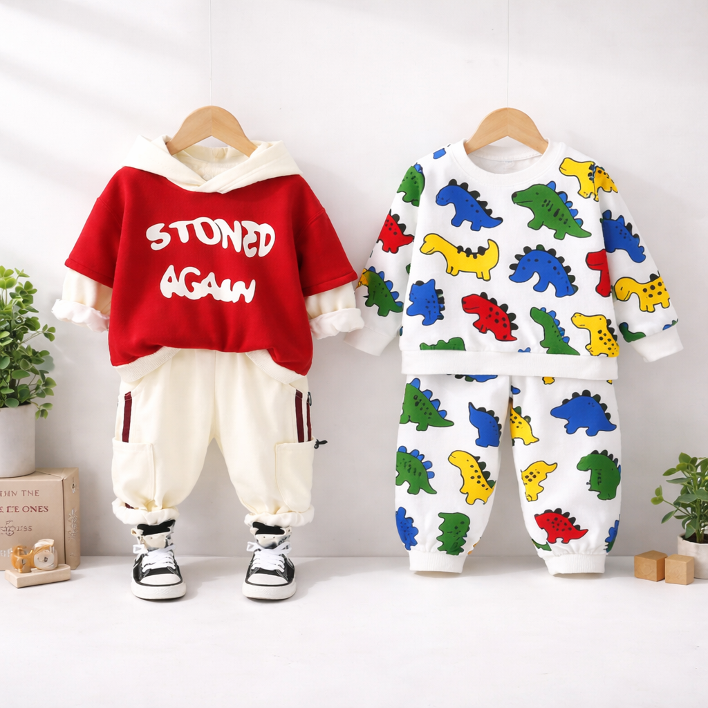 Boy's Cotton Text & Dino Printed Hooded Sweatshirt With Joggers Set - Red & White
