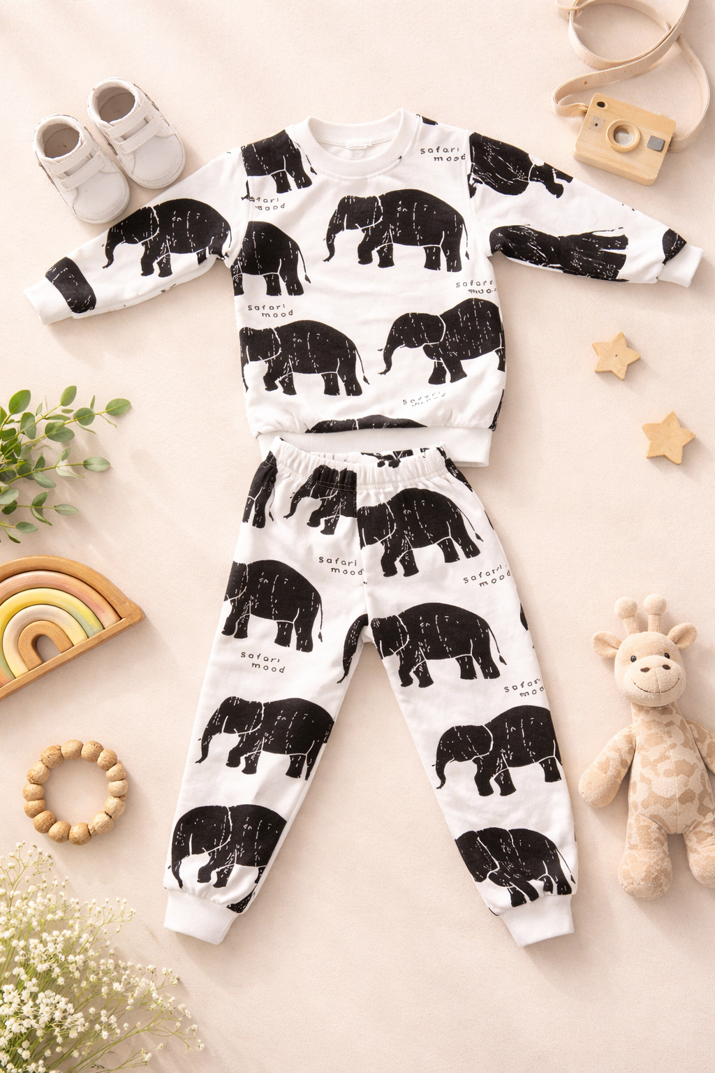 Boy's Cotton Fleece Winter Full Sleeves All Over Elephant Printed Sweatshirt & Jogger Pant Set - Black