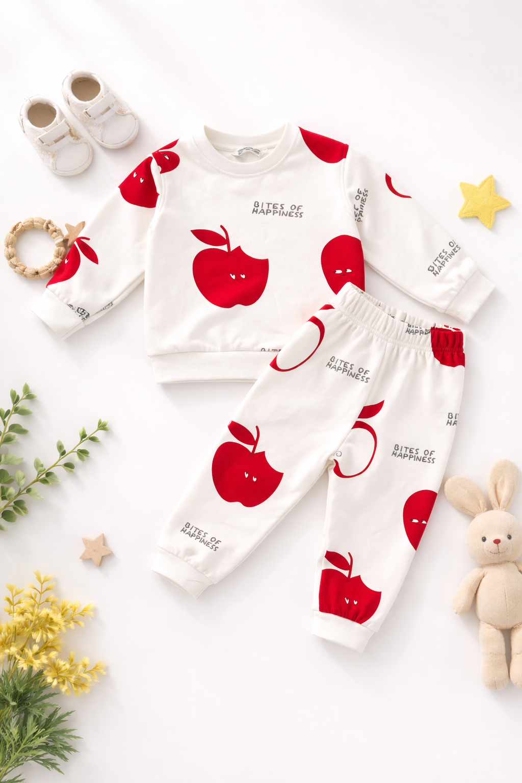 Boy's Cotton Fleece Winter Full Sleeves All Over Apple Printed Sweatshirt & Jogger Pant Set - Red