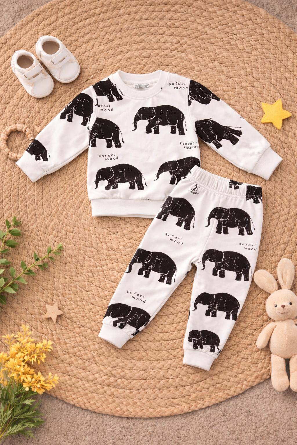 Boy's Cotton Fleece Winter Full Sleeves All Over Elephant Printed Sweatshirt & Jogger Pant Set - Black