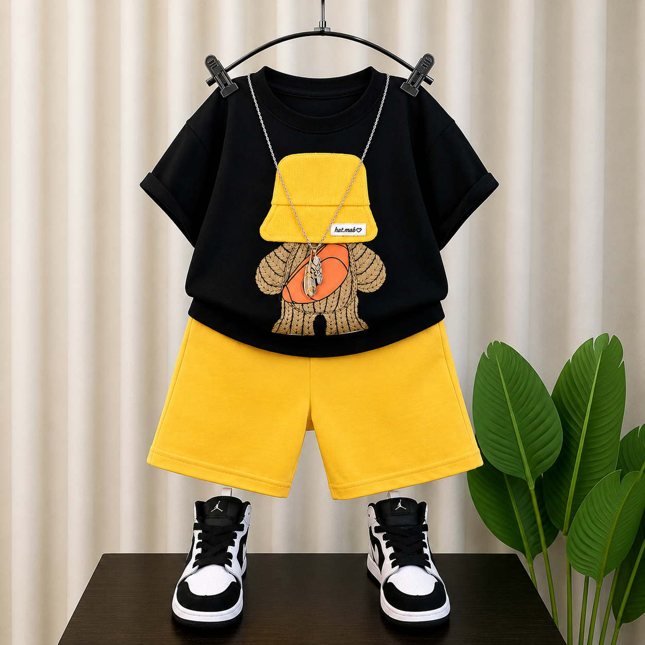 Googo Gaaga Boys Cotton Cap Bear Printed T-Shirt & Shorts Set - Black