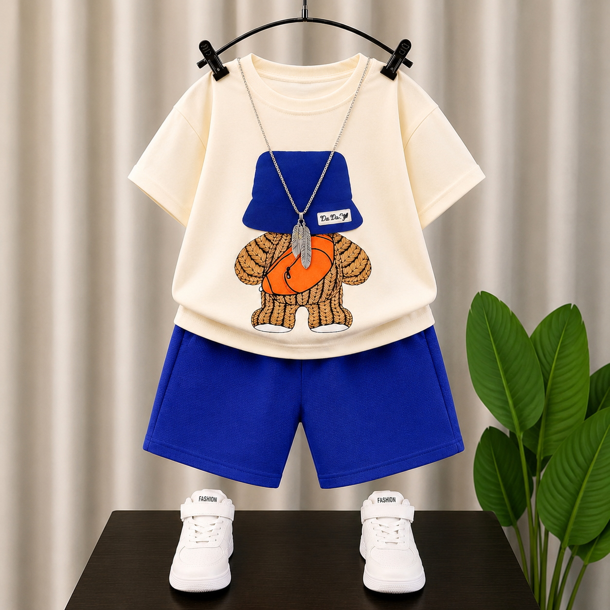 Googo Gaaga Boys Cotton Cap Bear Printed T-Shirt & Shorts Set - Navy