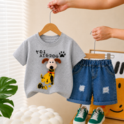 Googo Gaaga Boys Cotton Grey Dog Face Printed T-Shirt & Shorts Set - Grey