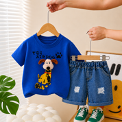 Googo Gaaga Boys Cotton Blue Dog Face Printed T-Shirt & Shorts Set - Blue