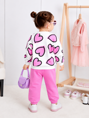 Girl's Cotton Knit Light Winter All Over Heart Printed Sweatshirt With Joggers Pant Set - Lilac