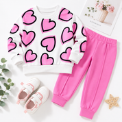 Girl's Cotton Knit Light Winter All Over Heart Printed Sweatshirt With Joggers Pant Set - Lilac