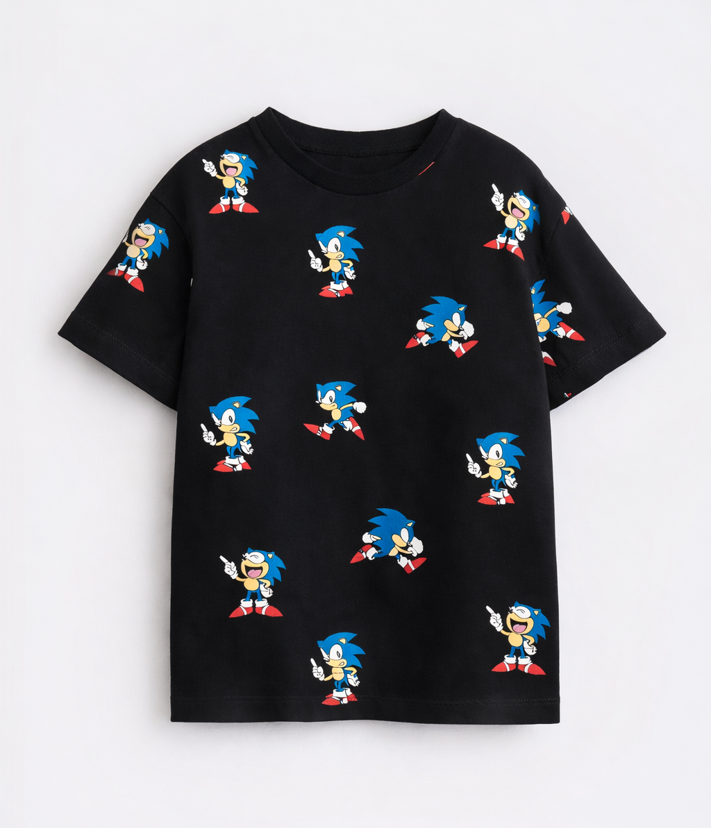 Boy's Sonic Print Half-Sleeve T-Shirt - Black