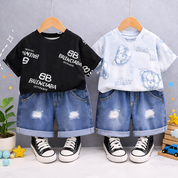 Boys Cotton Half Sleeves Tee & Shorts Set Pack of 2  - Black Balenciaga & Blue Street Teddy