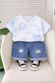 Boys Cotton Half Sleeves Tee & Shorts Set Pack of 2  - Black Balenciaga & Blue Street Teddy