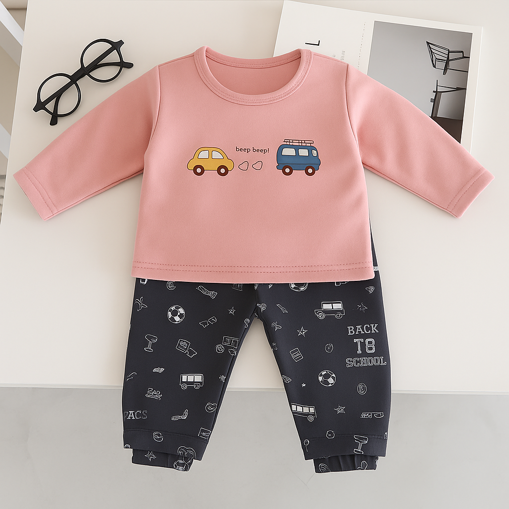 Boys Cotton Car Printed Winter Sweatshirt and Joggers Set - Pink