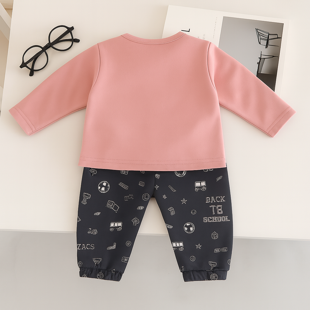 Boys Cotton Car Printed Winter Sweatshirt and Joggers Set - Pink