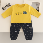 Boys Cotton Car Printed Winter Sweatshirt and Joggers Set - Yellow
