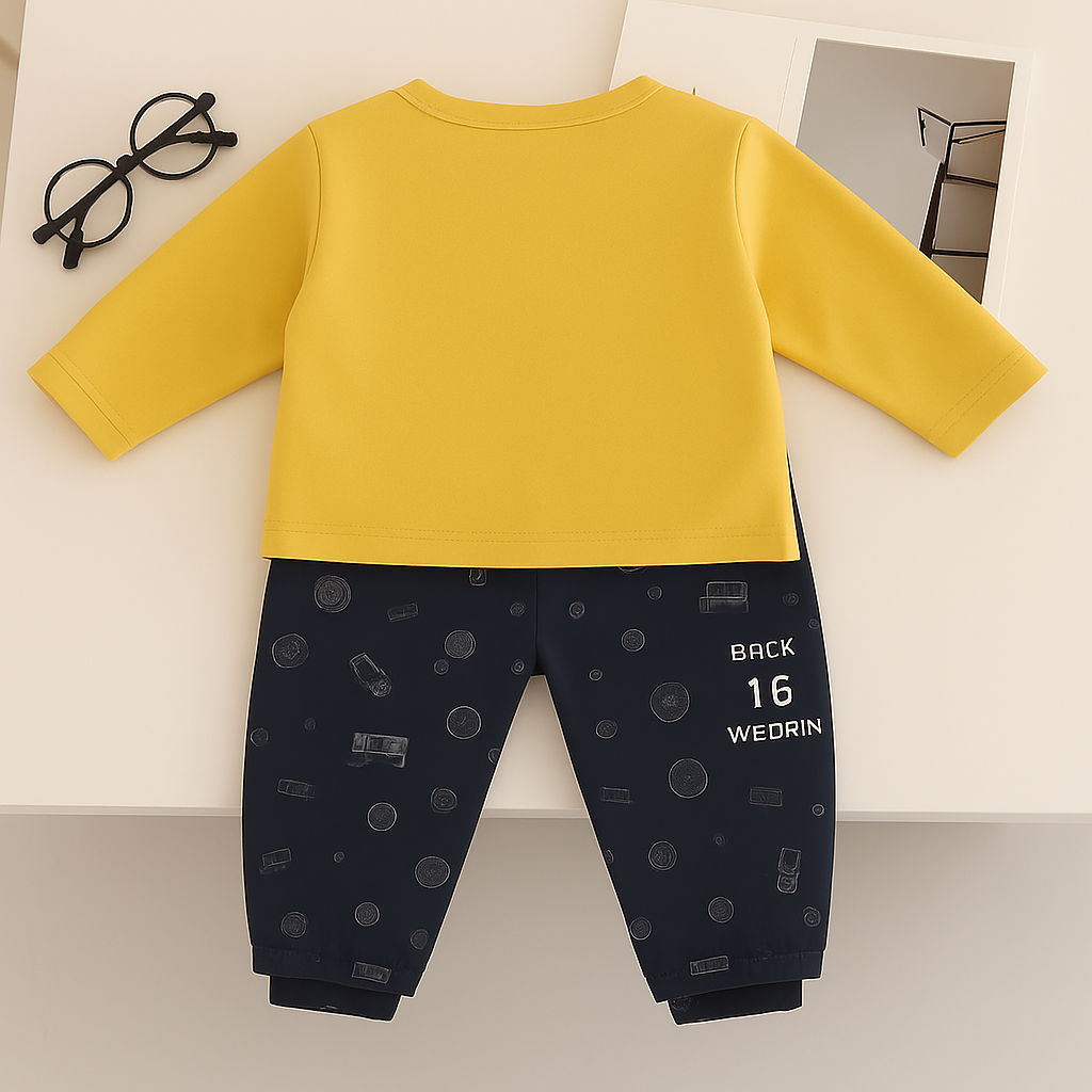 Boys Cotton Car Printed Winter Sweatshirt and Joggers Set - Yellow