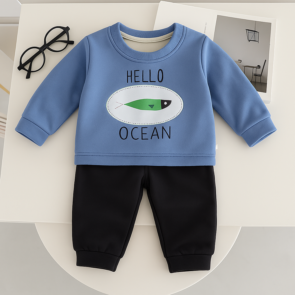 Boys Cotton Fish Printed Winter Sweatshirt and Joggers Set - Blue