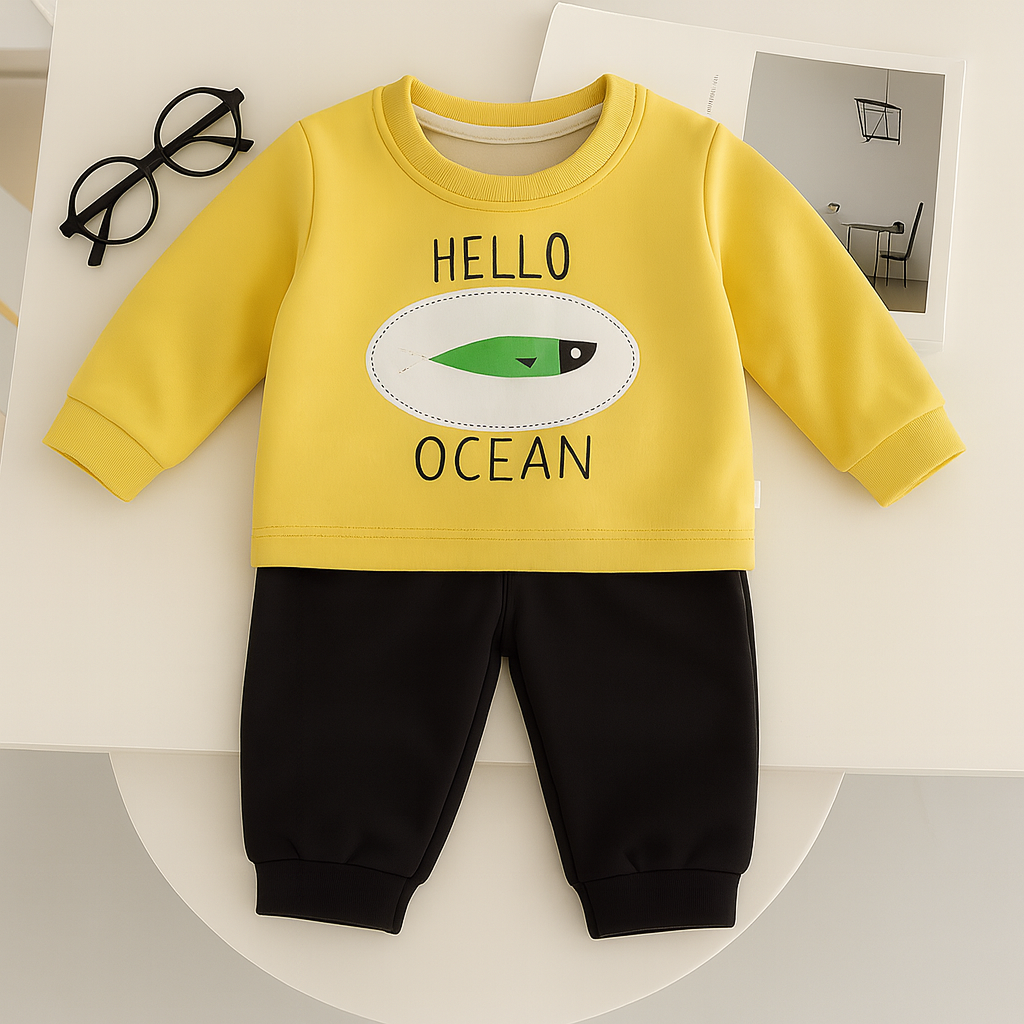 Boys Cotton Fish Printed Winter Sweatshirt and Joggers Set - Yellow