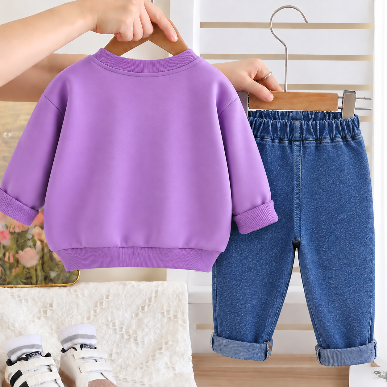 Googo Gaaga Girls Cute Cartoon Girl Printed Full Sleeve Sweatshirt with Blue Denim Jeans Set – Purple & Blue