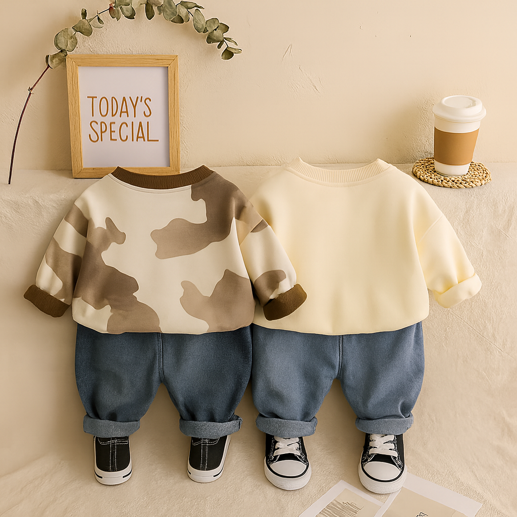 Boys Cotton Knit Full Sleeves All Over Printed Printed Sweatshirt With Pant Pack of 2 - Brown & Cream