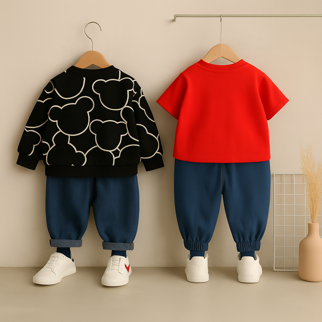 Boys Cotton Knit Full Sleeves Sweatshirt, Tshirt With Pant Pack of 2 - Black & Red