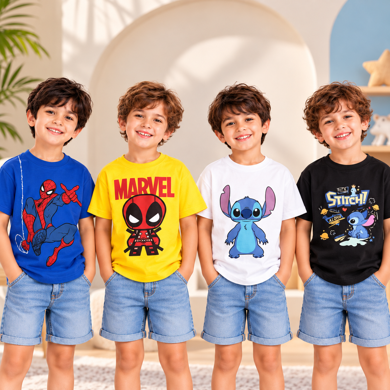Googo Gaaga Kids Spider-Man, Deadpool & Disney Stitch Printed Cotton Half Sleeve T-Shirts – Pack of 4 (Multicolour)