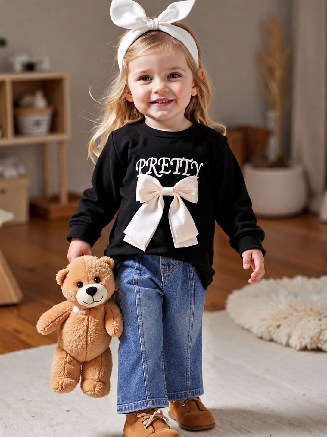 Googo Gaaga Girls Pretty Bow Detailed Full Sleeve Sweatshirt with Blue Denim Wide Leg Jeans Set – Black & Blue