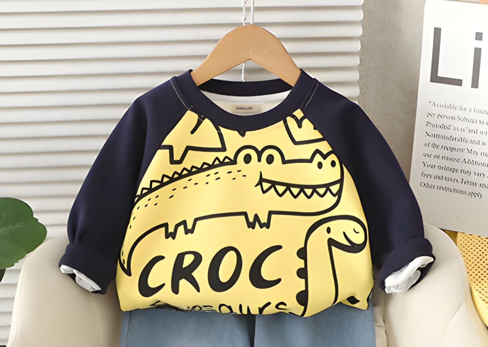 Boy's Cotton Dino & Spider Printed Sweatshirt With Jeans Set - Yellow & Cream