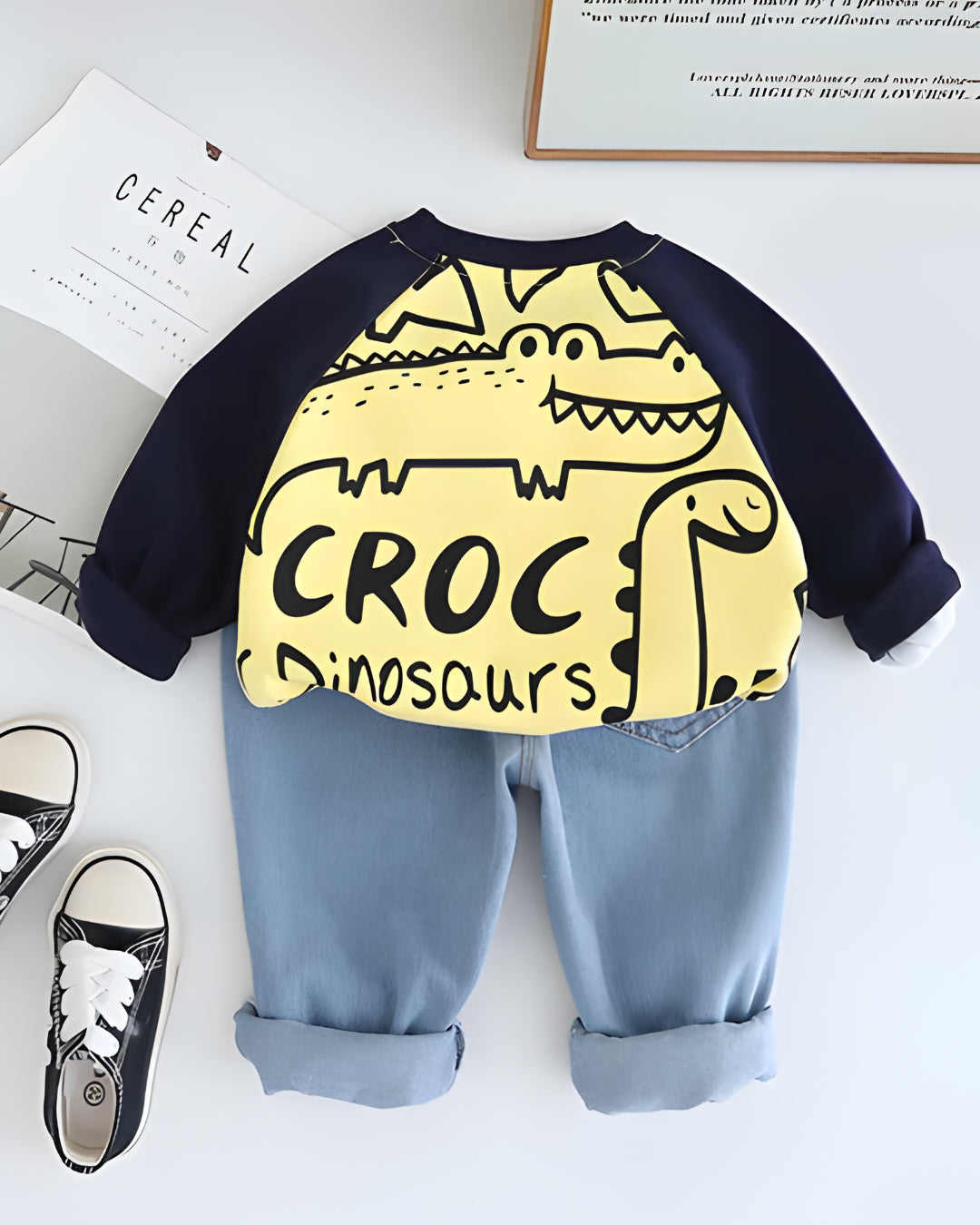Boy's Light Winter Cotton Crocodile Printed Sweatshirt With Jeans Set - Yellow&Black