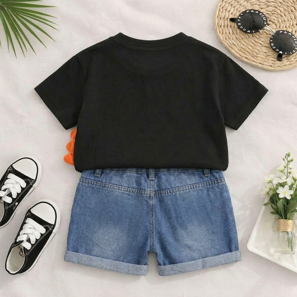 Boy's Black Dino Egg Print T-Shirt & Shorts Set