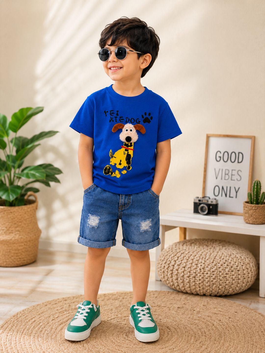 Googo Gaaga Boys Cotton Blue Dog Face Printed T-Shirt & Shorts Set - Blue