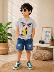 Googo Gaaga Boys Cotton Grey Dog Face Printed T-Shirt & Shorts Set - Grey
