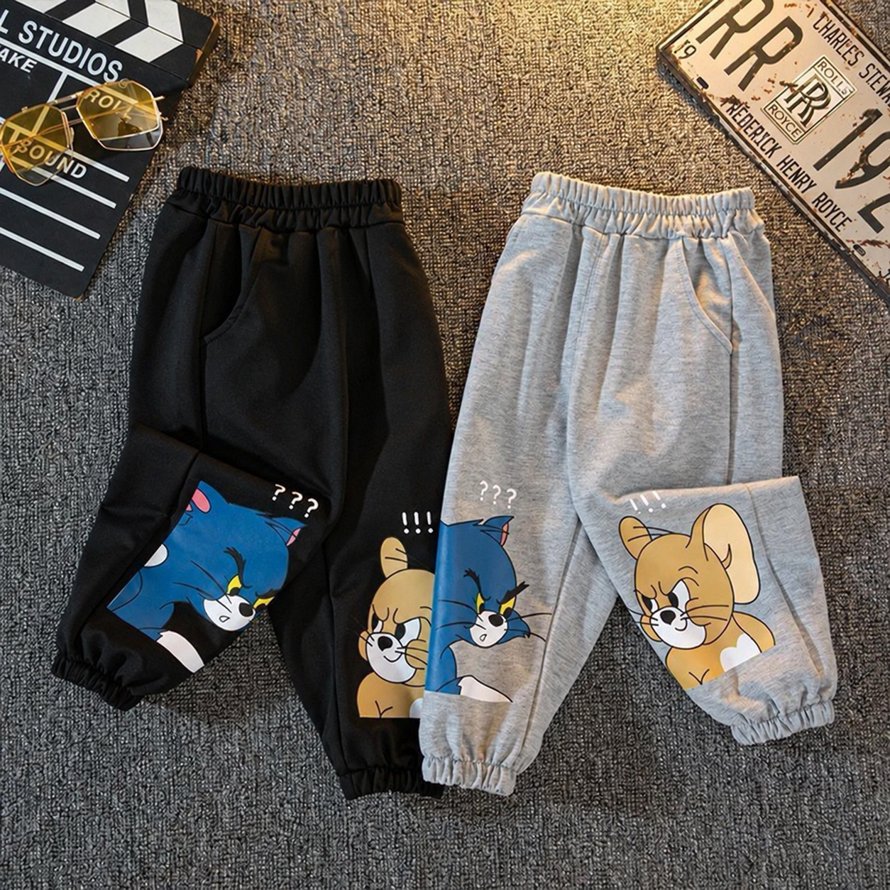 Googo Gaaga Kids Tom & Jerry Cartoon Printed Jogger Pants with Elastic Waistband and Pockets – Pack of 2 (Black & Grey)