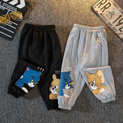 Googo Gaaga Kids Tom & Jerry Cartoon Printed Jogger Pants with Elastic Waistband and Pockets – Pack of 2 (Black & Grey)