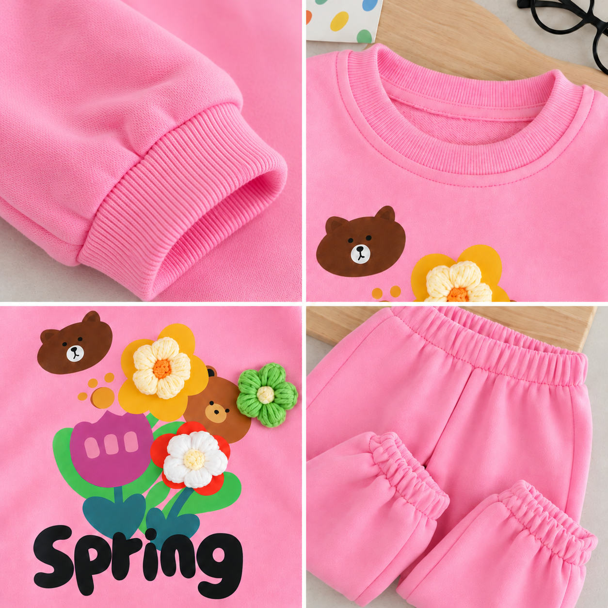 Googo Gaaga Girls Spring Floral & Teddy Bear Printed Full Sleeve Sweatshirt with Matching Jogger Pants Co-Ord Set – Pink