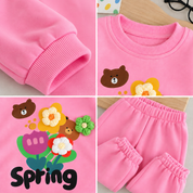 Googo Gaaga Girls Spring Floral & Teddy Bear Printed Full Sleeve Sweatshirt with Matching Jogger Pants Co-Ord Set – Pink