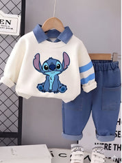 Googo Gaaga Boys Off-White Stitch Printed Sweatshirt with Blue Denim Jeans Co-Ord Set