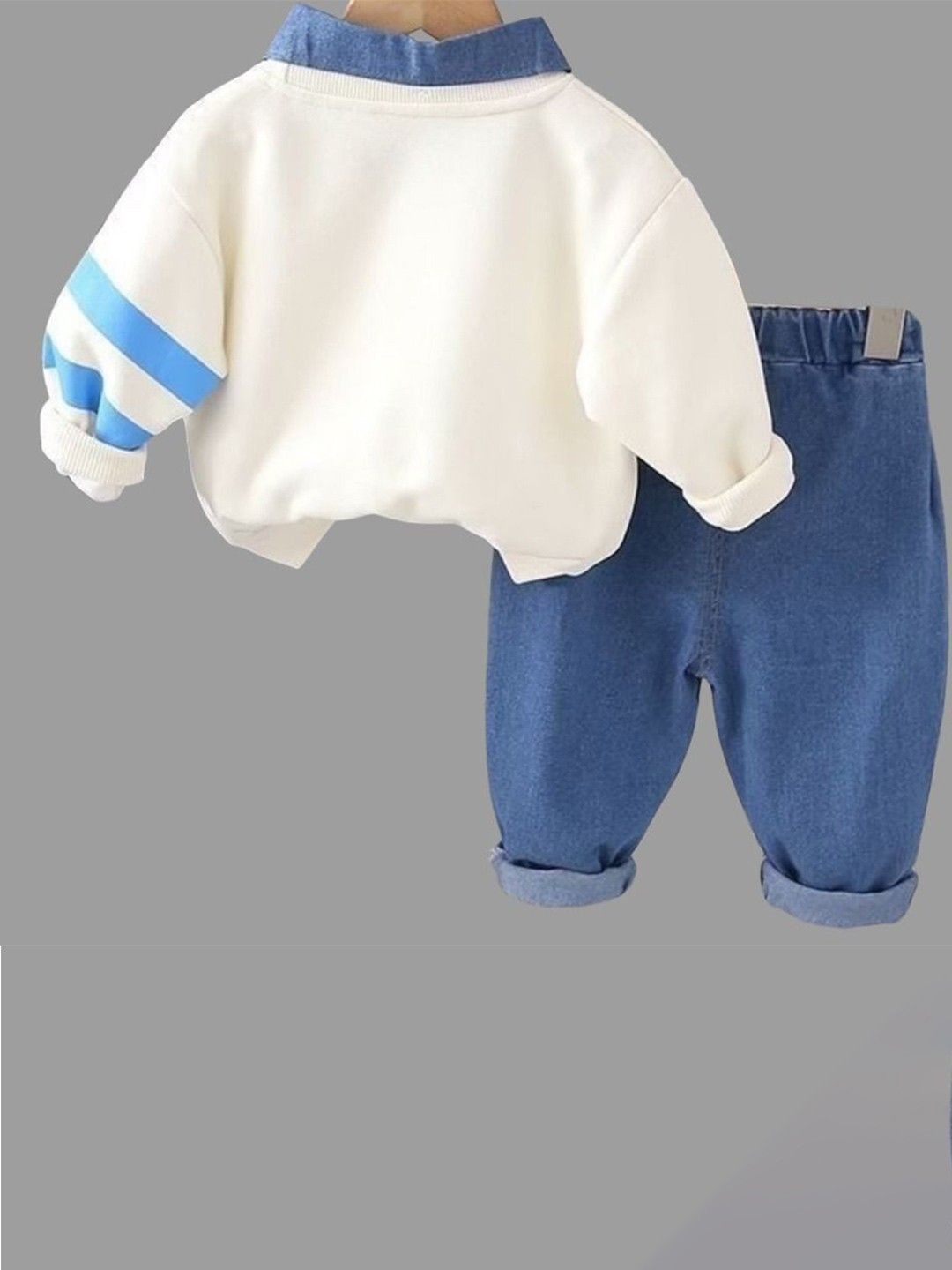 Googo Gaaga Boys Off-White Stitch Printed Sweatshirt with Blue Denim Jeans Co-Ord Set