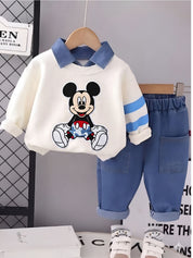 Googo Gaaga Boys Off-White Mickey Mouse Printed Sweatshirt with Blue Denim Jeans Set