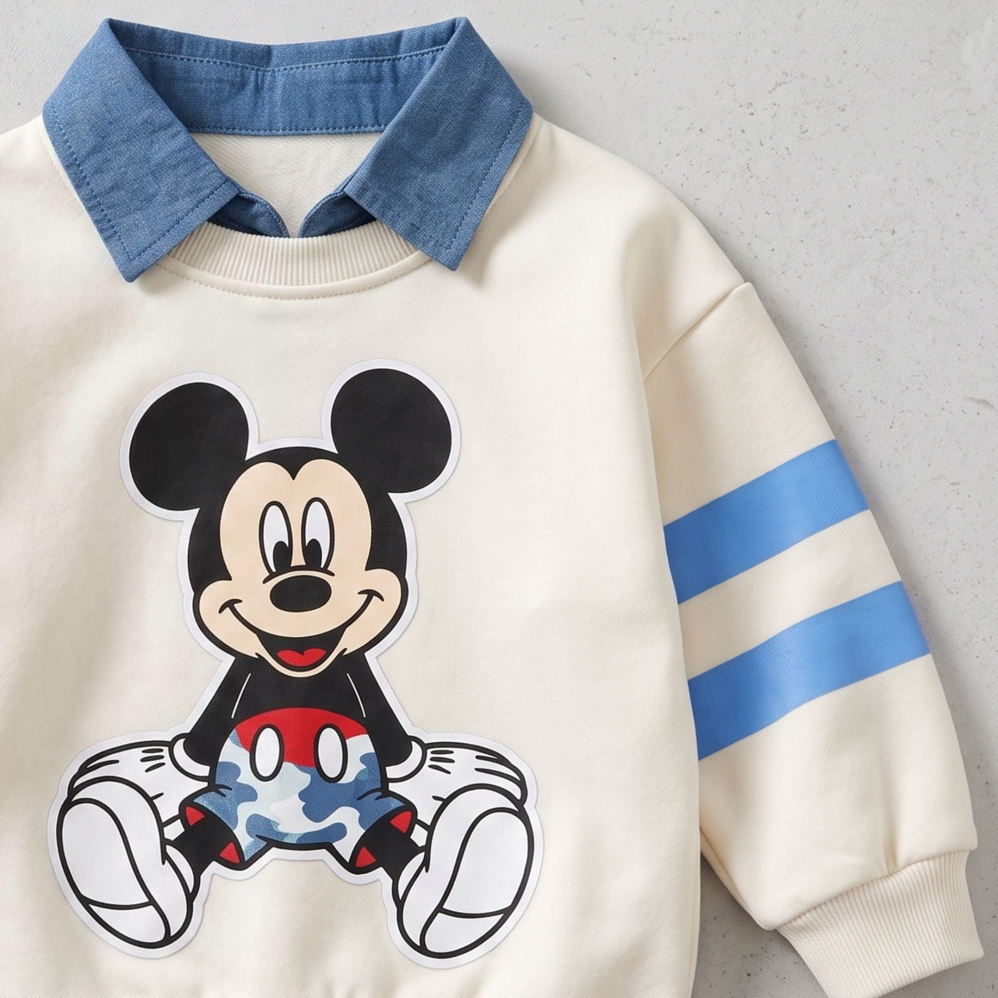Googo Gaaga Boys Off-White Mickey Mouse Printed Sweatshirt with Blue Denim Jeans Set