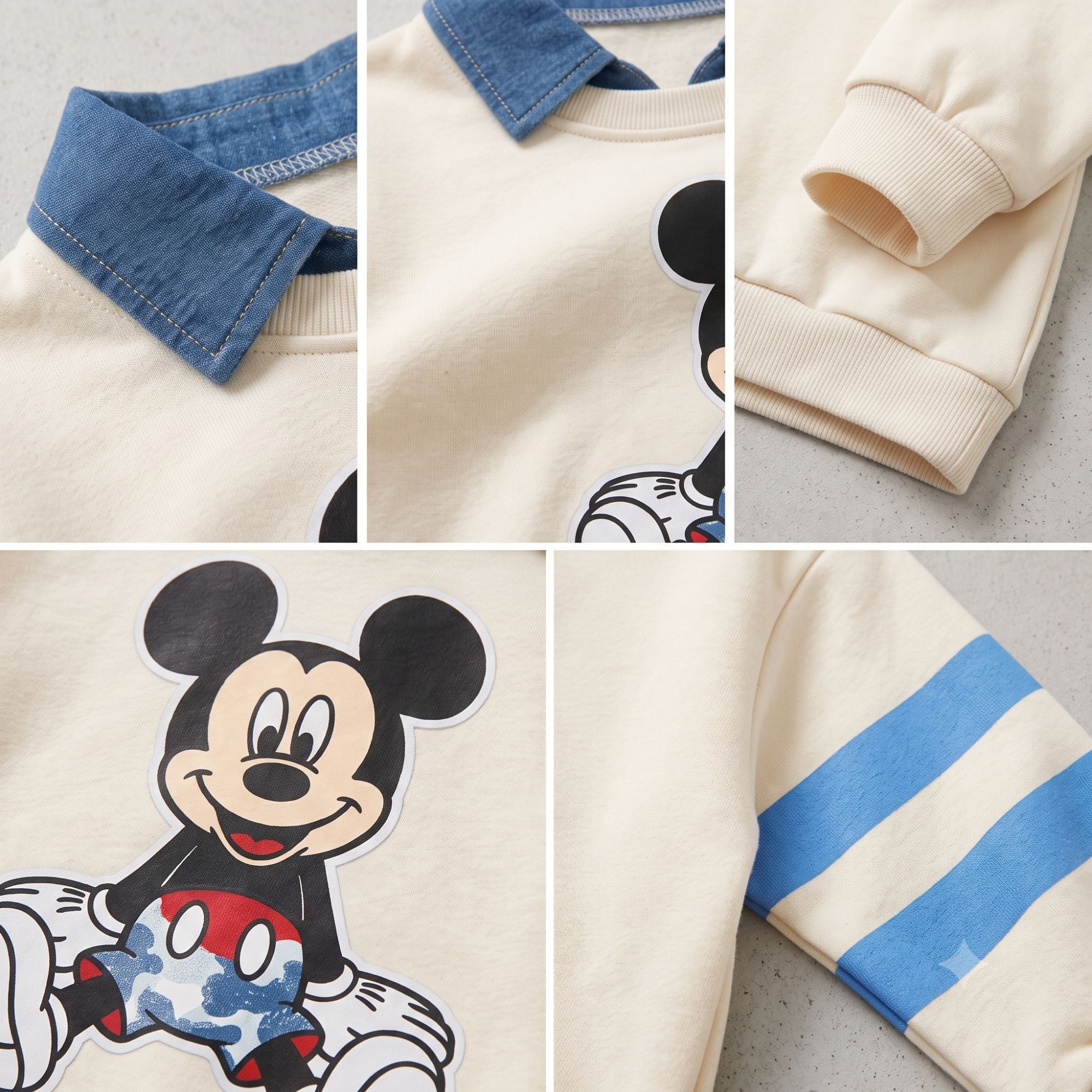 Googo Gaaga Boys Off-White Mickey Mouse Printed Sweatshirt with Blue Denim Jeans Set