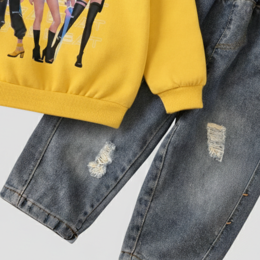 Girl's Cotton Nova Printed Sweatshirt With Jeans Set - Yellow