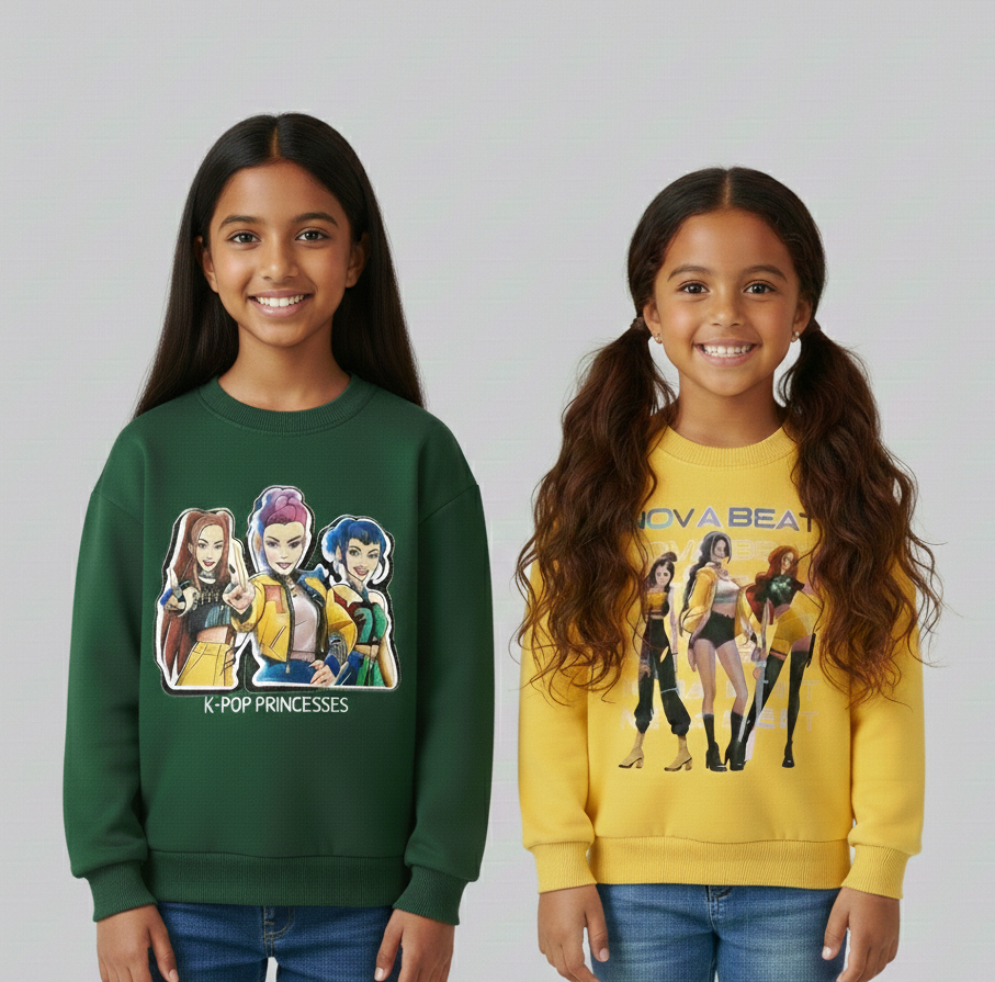 Girl's Cotton Full Sleeves Printed Sweatshirt Set Pack of 2 - Yellow & Green