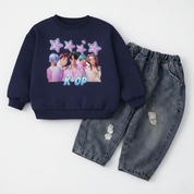 Girl's Cotton K-Pop Printed Sweatshirt With Jeans Set - Navy