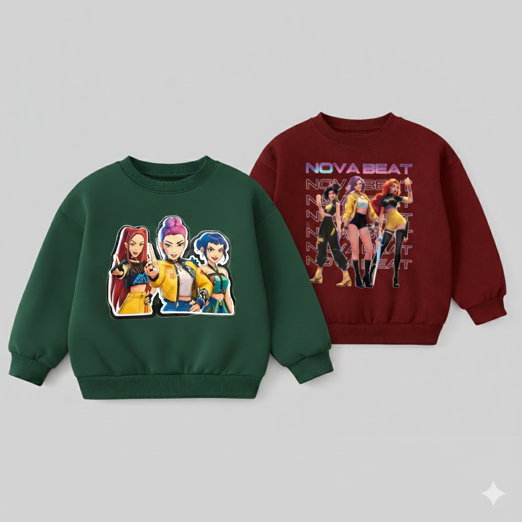 Girl's Cotton Full Sleeves Printed Sweatshirt Set Pack of 2 - Green & Maroon Nova