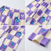 Googo Gaaga Kids Stitch Cartoon Printed Full Sleeve T-Shirt & Checkered Pyjama Set – Purple & Cream