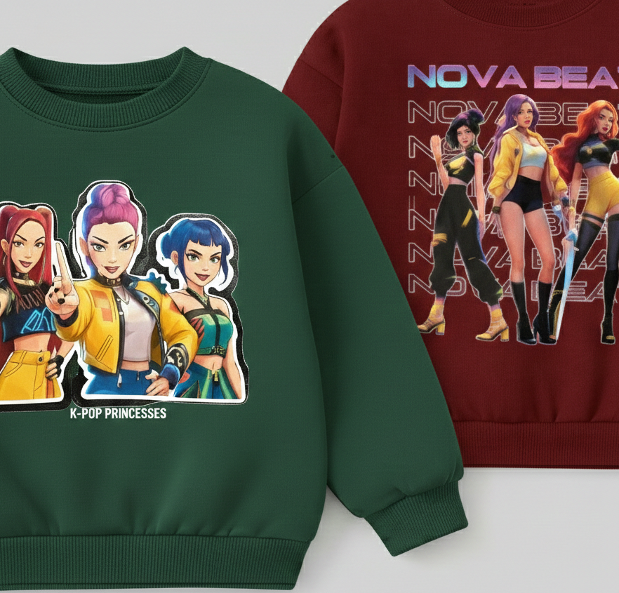 Girl's Cotton Full Sleeves Printed Sweatshirt Set Pack of 2 - Green & Maroon Nova