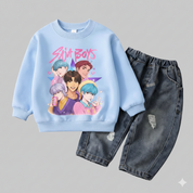 Boy's Cotton Saja Printed Sweatshirt With Jeans Set - Sky Blue