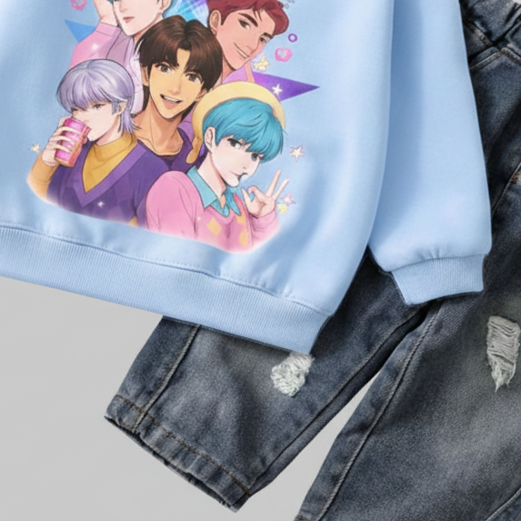 Boy's Cotton Saja Printed Sweatshirt With Jeans Set - Sky Blue