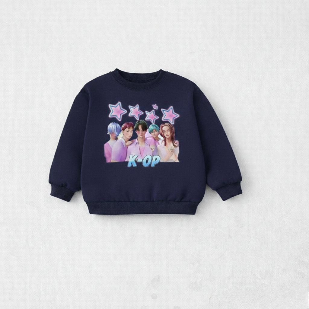 Girl's Cotton K-Pop Printed Sweatshirt With Jeans Set - Navy