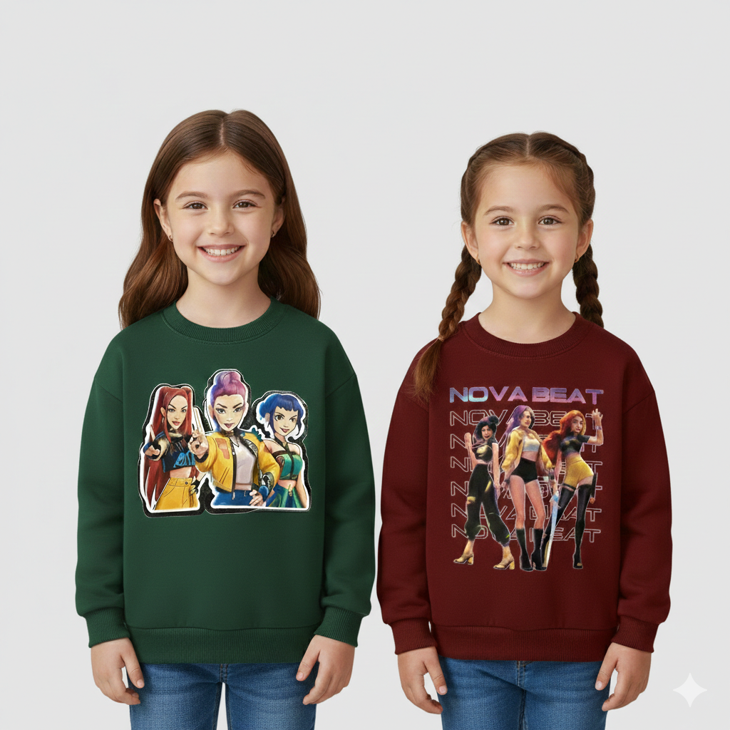 Girl's Cotton Full Sleeves Printed Sweatshirt Set Pack of 2 - Green & Maroon Nova