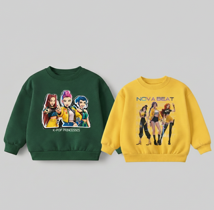Girl's Cotton Full Sleeves Printed Sweatshirt Set Pack of 2 - Yellow & Green
